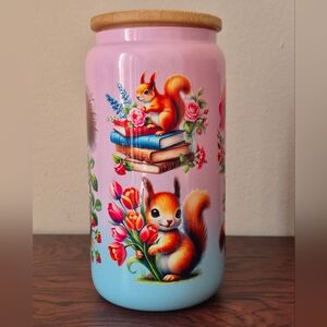 Squirrels cartoon pink blue glitter glass tumbler, wooden lid, reusable Straw